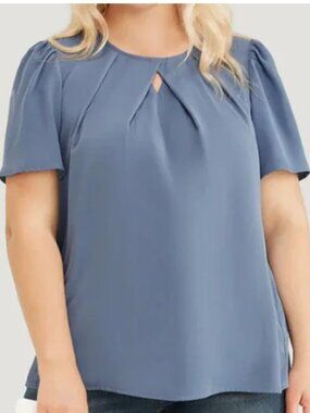 BloomChic Blue Pleated Keyhole Blouse - Elegant Office Top - 2X